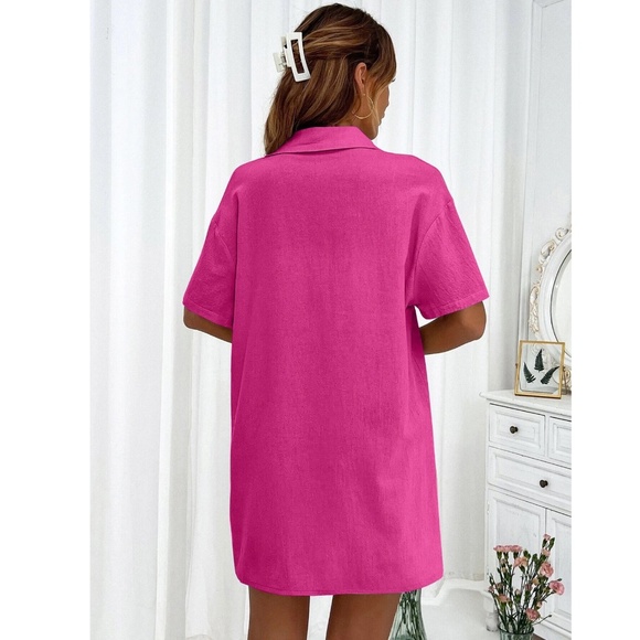 2 Piece Set: Hot Pink Button Up Down Shirt and Shorts - Picture 6 of 7